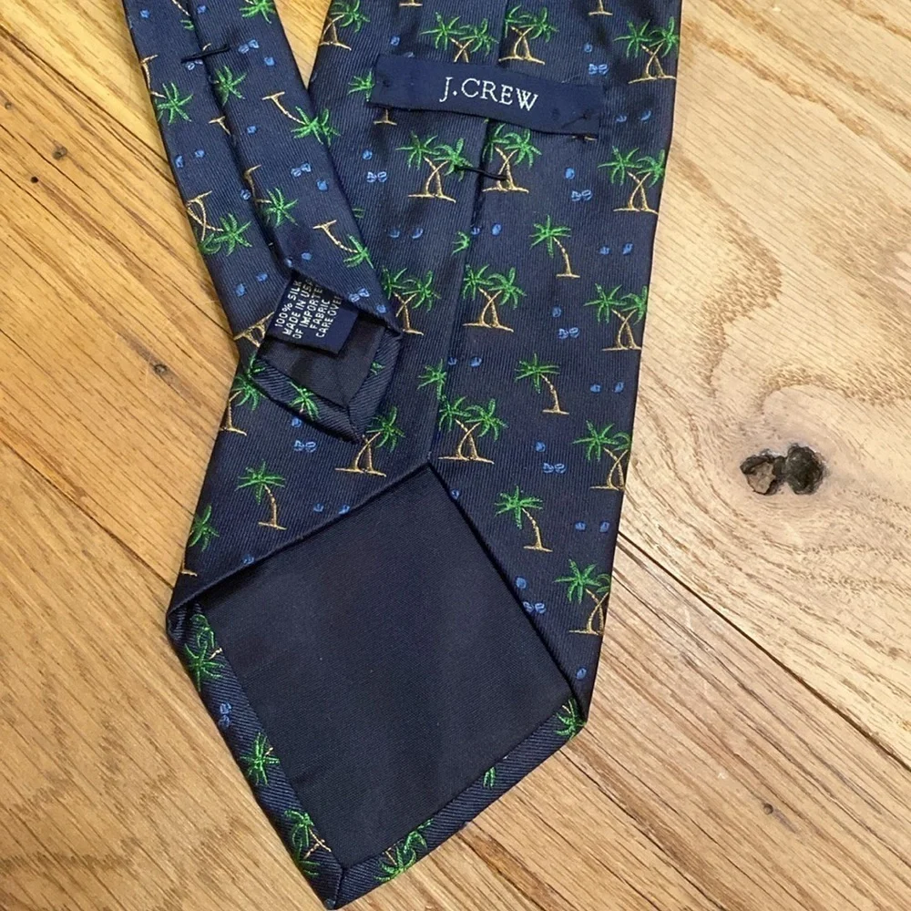 J Crew 100% Silk USA Made Tie Navy Blue Green Palm Trees